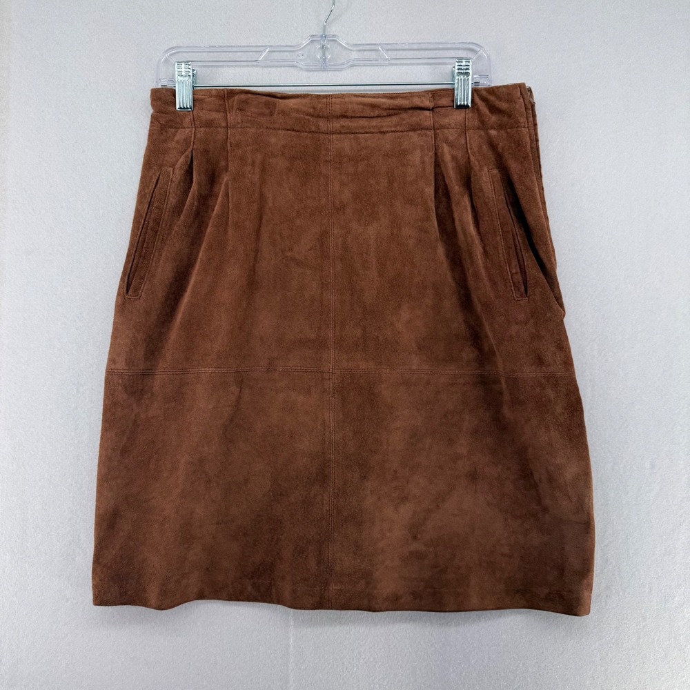 Vintage 100% Pig Suede Leather‎ Lord & Taylor Brown Pencil Skirt Pockets Size 14